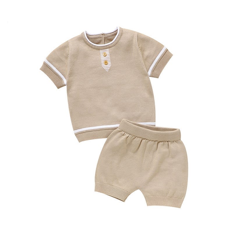 Baby's Round Neck Solid Color Knitted Short-sleeved Shirt Shorts Suit view 3