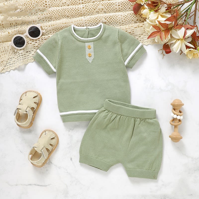 Baby's Round Neck Solid Color Knitted Short-sleeved Shirt Shorts Suit view 5