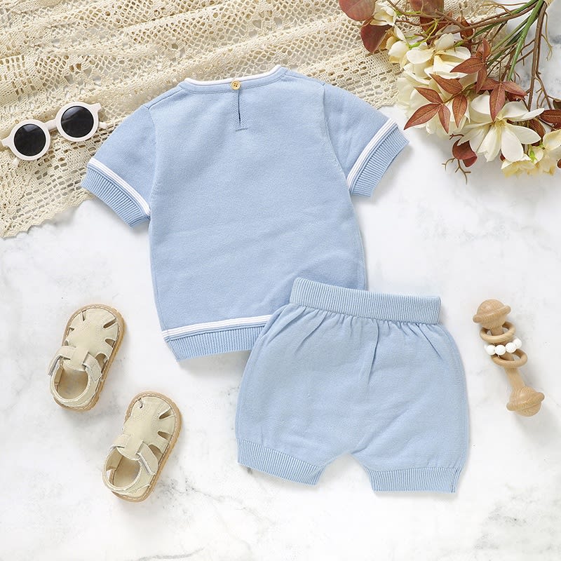 Baby's Round Neck Solid Color Knitted Short-sleeved Shirt Shorts Suit view 6