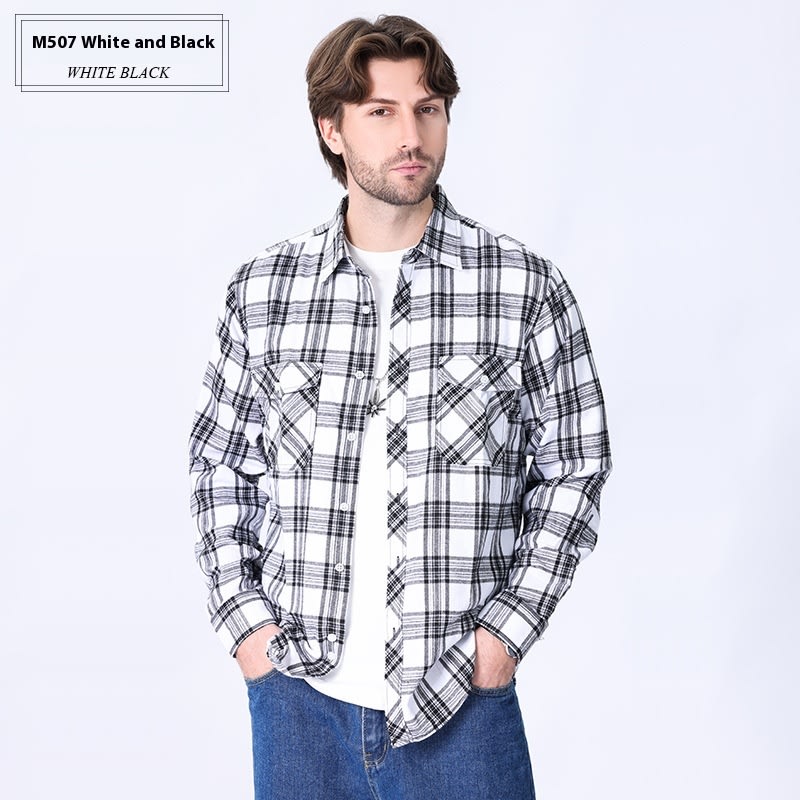 Vintage Flannel Men's Long Sleeve Brushed Plaid Shirt Coat view 18