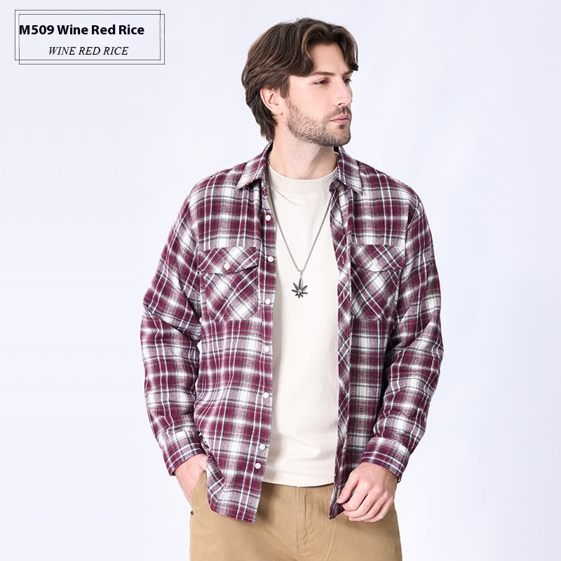 Vintage Flannel Men's Long Sleeve Brushed Plaid Shirt Coat view 13