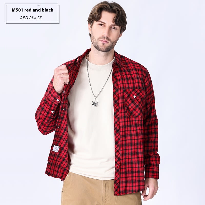 Vintage Flannel Men's Long Sleeve Brushed Plaid Shirt Coat view 16