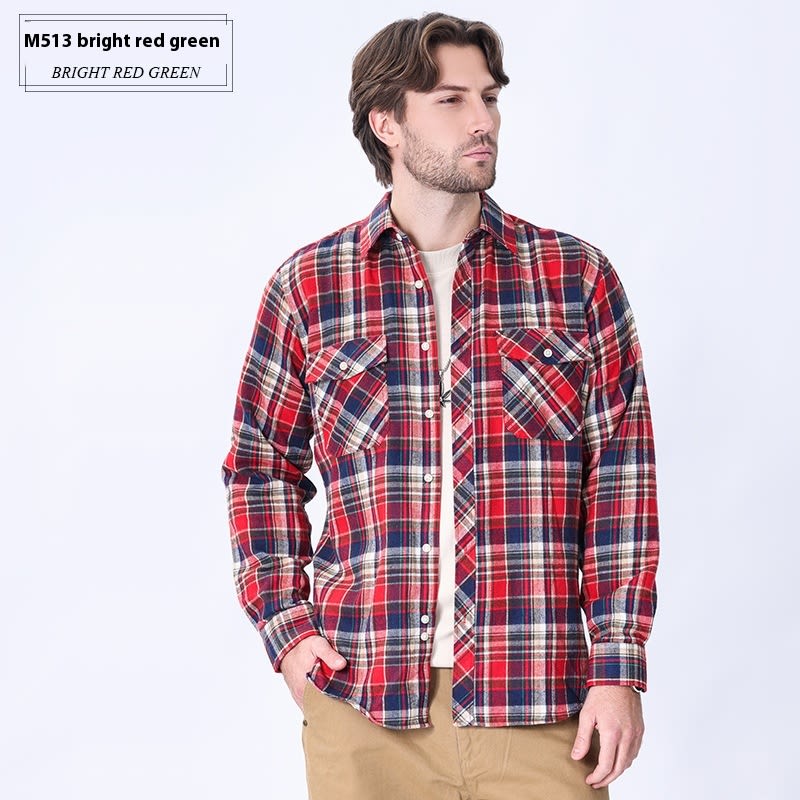 Vintage Flannel Men's Long Sleeve Brushed Plaid Shirt Coat view 4