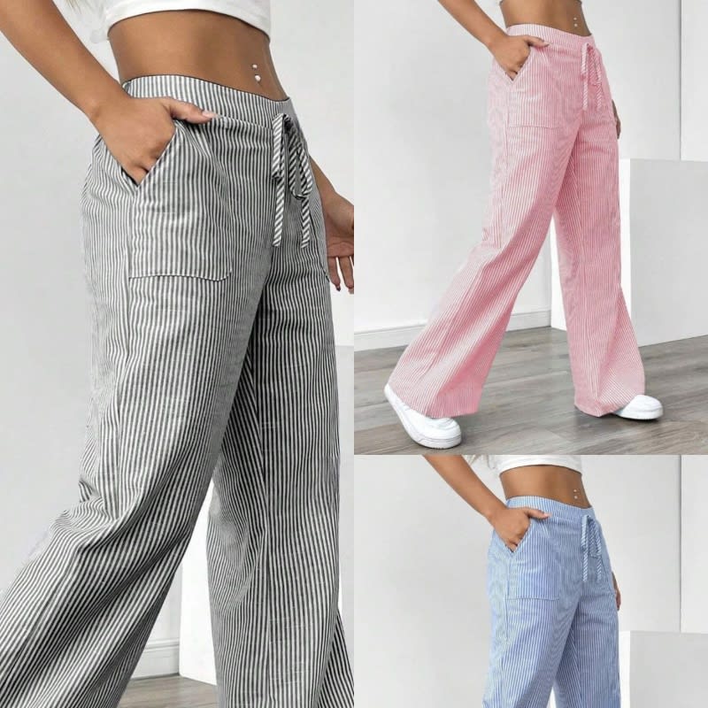 New Striped Trousers With Pockets Casual Versatile Loose Wide Leg Pants Women's Clothing view 2