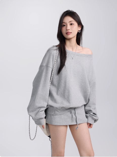 Early Autumn Slant Shoulder Long Sleeve Sweater Slimming Skirt Pants view 7