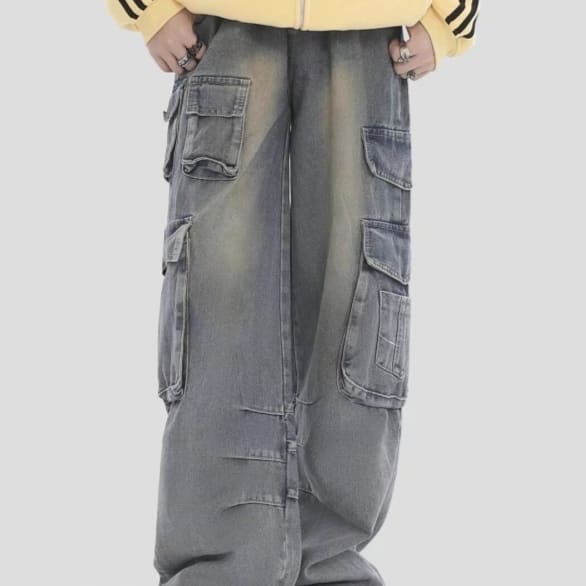 American Retro Multi-pocket Straight Cargo Jeans view 5