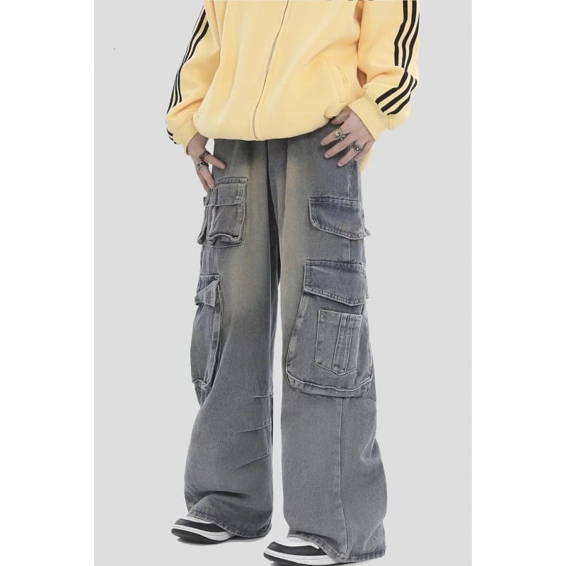 American Retro Multi-pocket Straight Cargo Jeans view 3