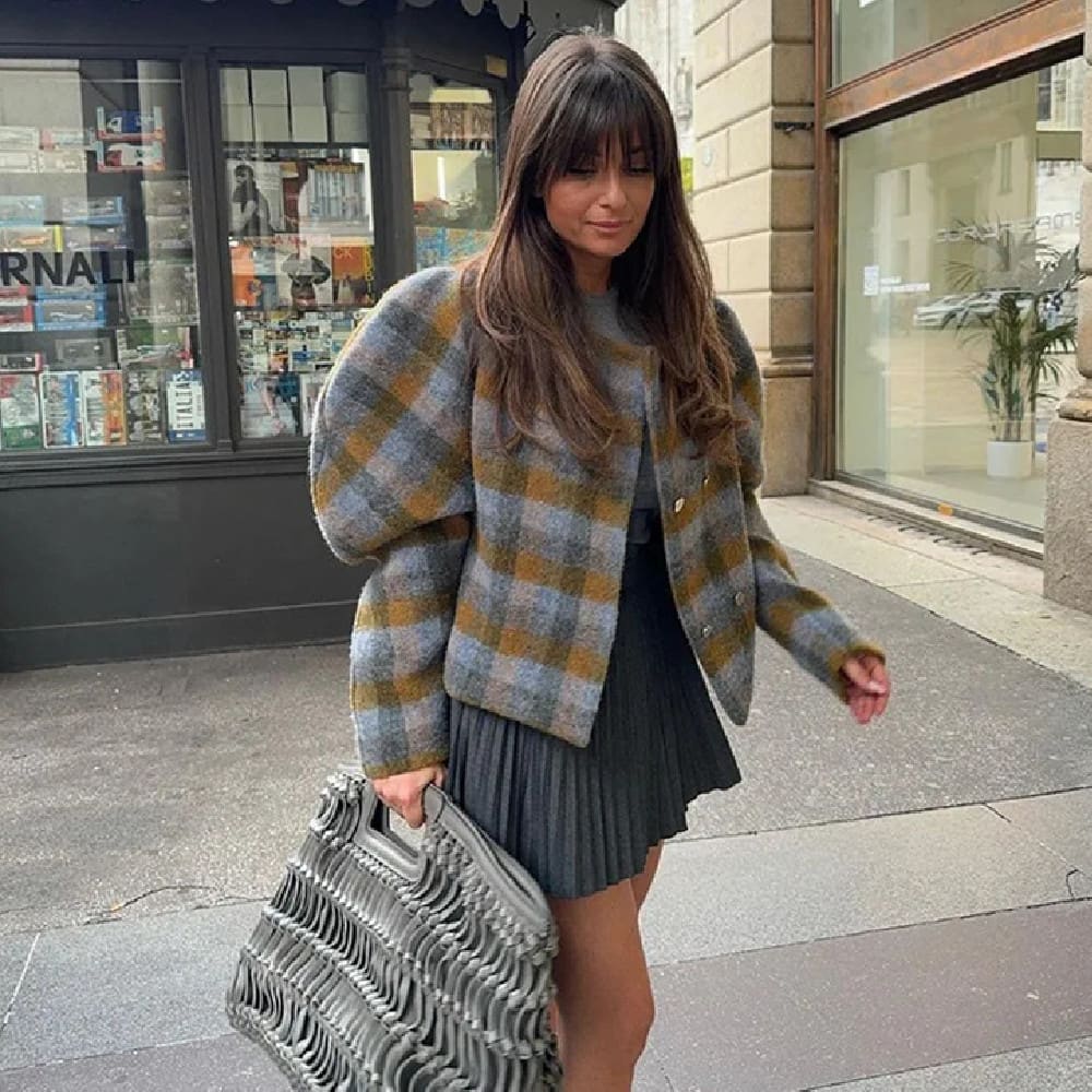 Women's Retro Contrast Color Check Coat