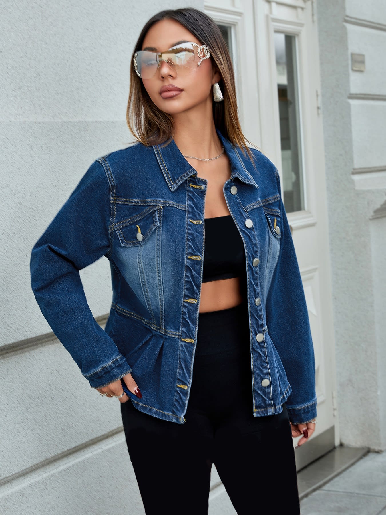 Washed Denim Waist-tight Decorative Pocket Short Jacket view 4