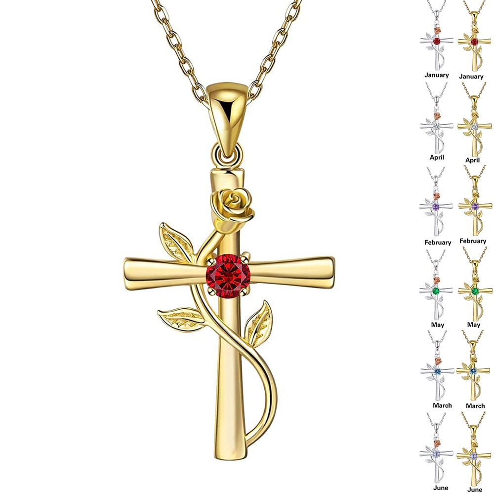 Rose Cross Necklace With Rhinestone Fashion Personality 12 Month Birthstones Pendant Necklace For Valentine's Day Birthday Gift view 19