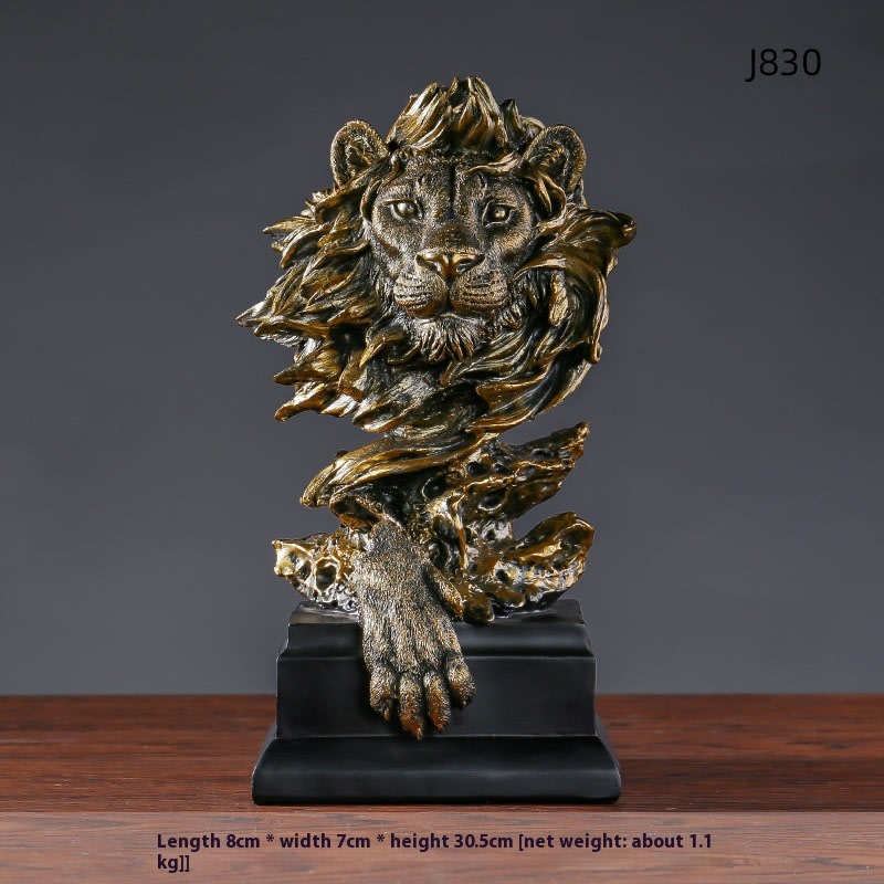 American Retro Animal Copper Lion Head Portrait Resin Craft Ornament Hallway Office Wine Cabinet Decoration view 4