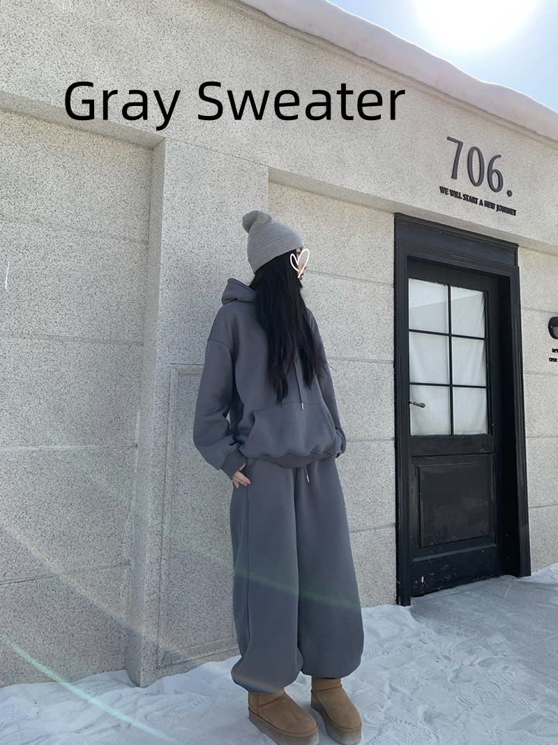 Idle Style Loose Sweater Ankle-tied Elastic Waist Thickened Sweatpants Suit