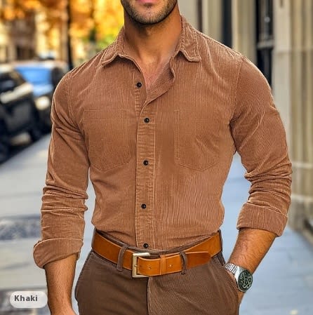 Men's Button Leisure Corduroy Shirt Long Sleeve Solid Color Polo Collar view 7