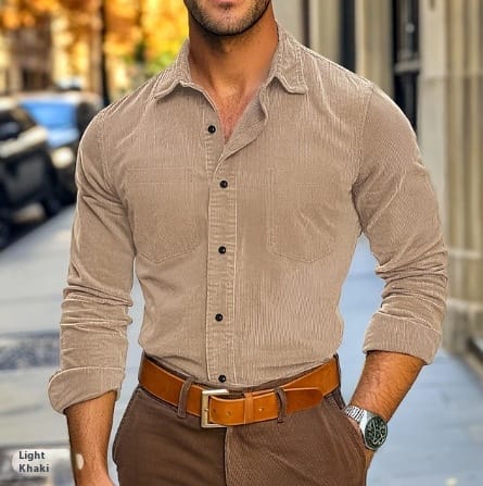 Men's Button Leisure Corduroy Shirt Long Sleeve Solid Color Polo Collar view 14