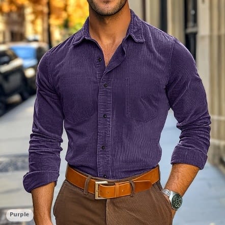Men's Button Leisure Corduroy Shirt Long Sleeve Solid Color Polo Collar view 8