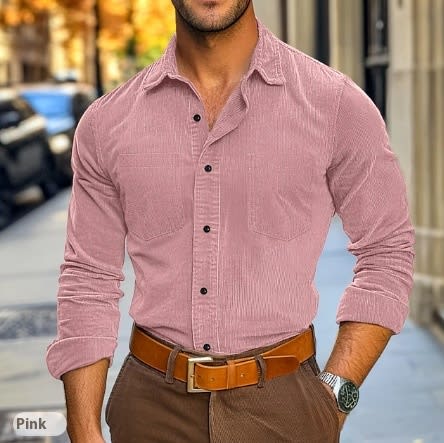 Men's Button Leisure Corduroy Shirt Long Sleeve Solid Color Polo Collar view 12