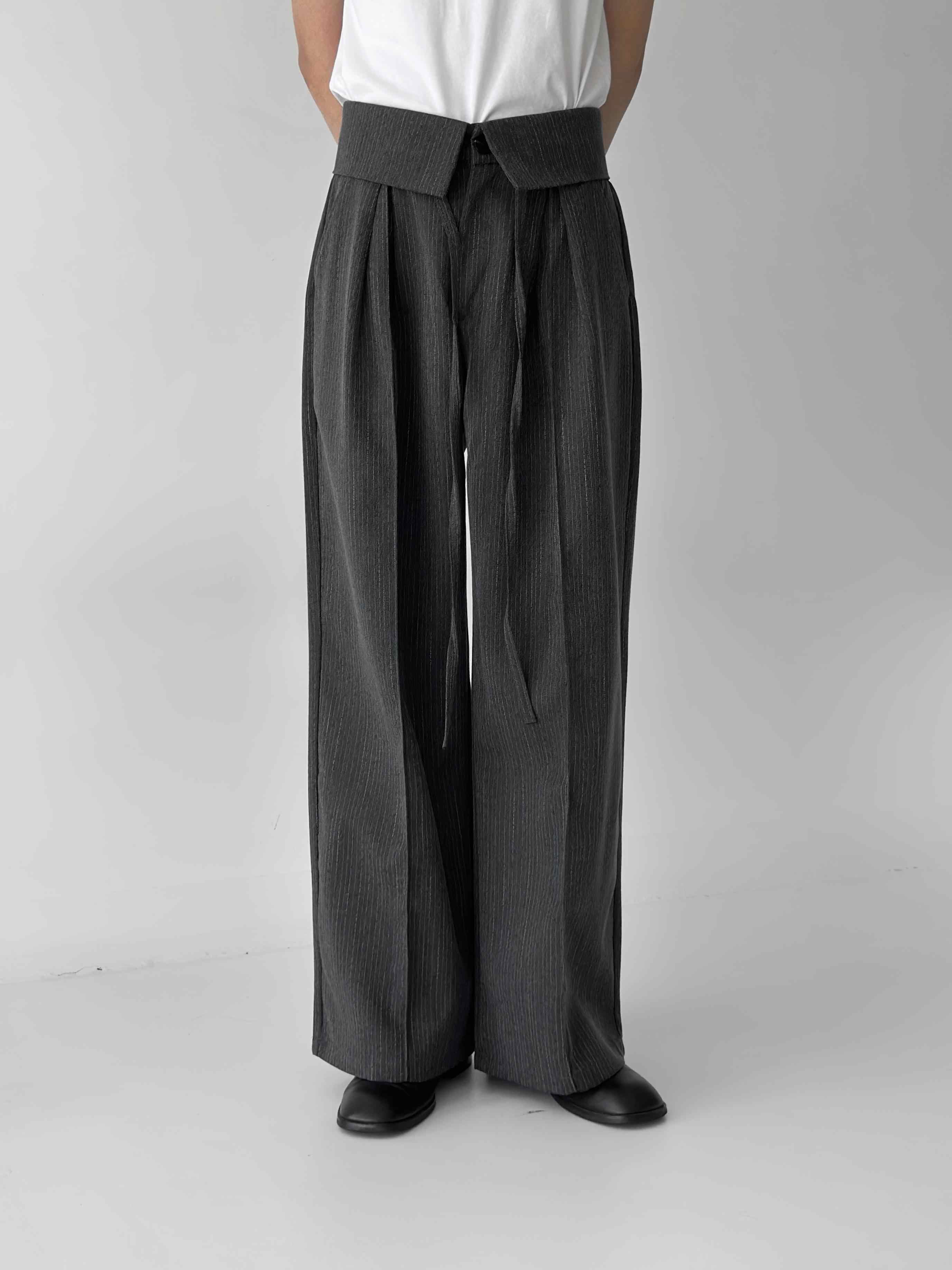 Striped Flip Waist Folding Suit Pants Loose Straight Trousers view 6
