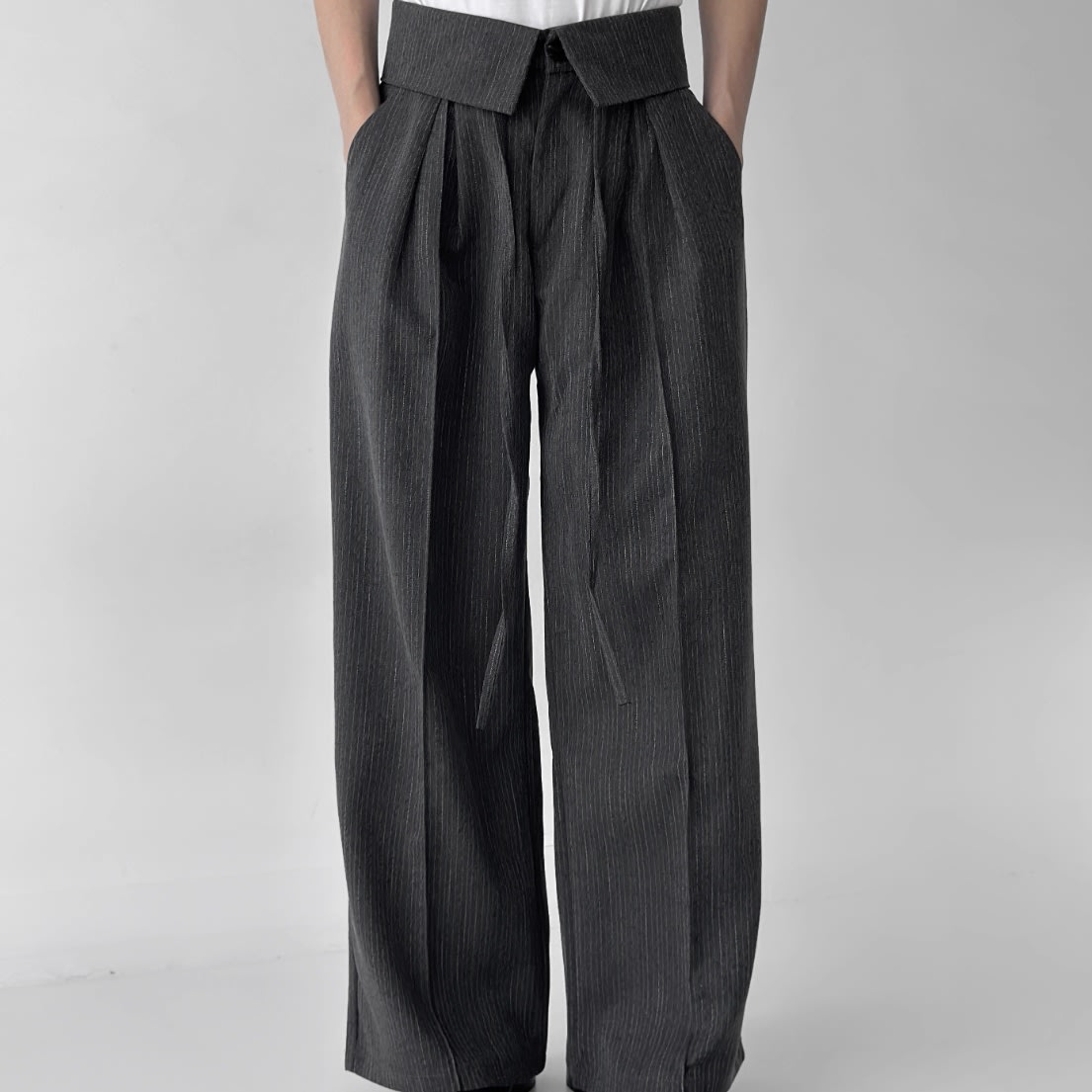 Striped Flip Waist Folding Suit Pants Loose Straight Trousers view 3