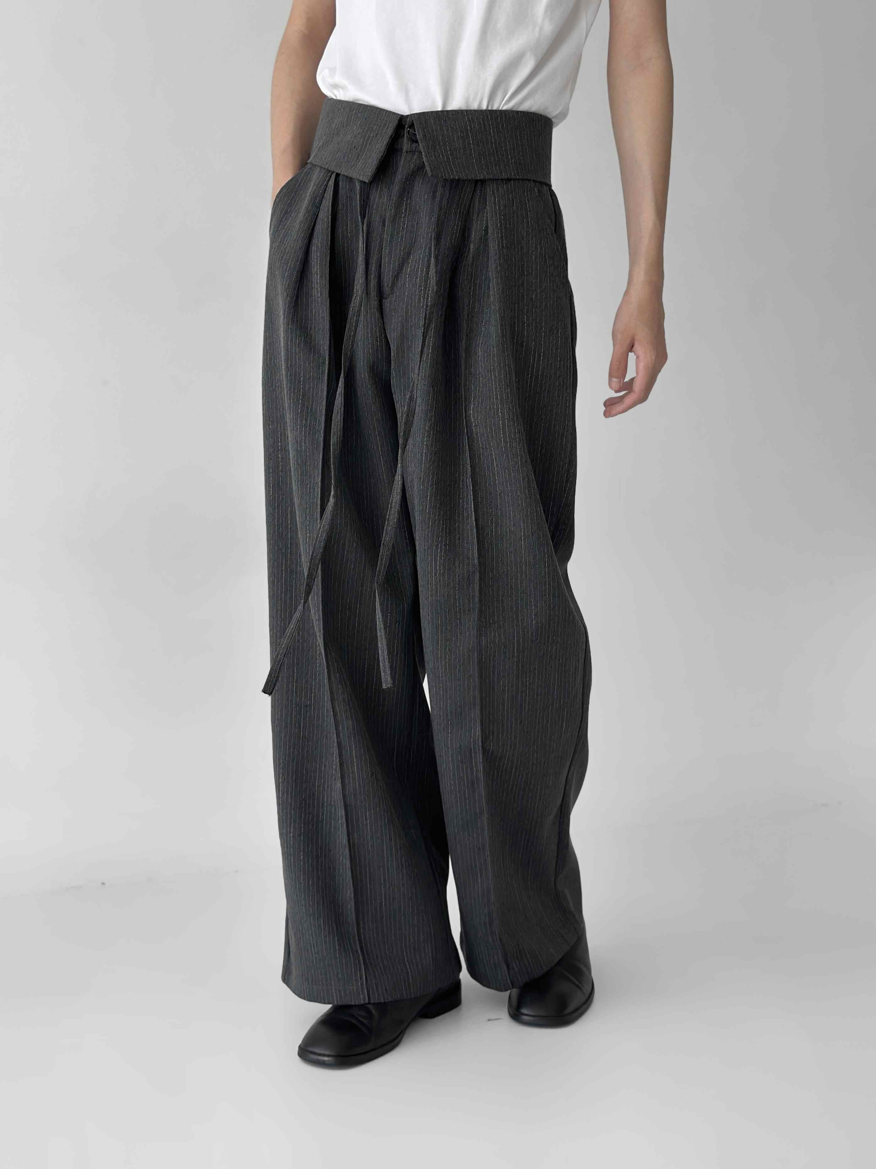 Striped Flip Waist Folding Suit Pants Loose Straight Trousers view 2