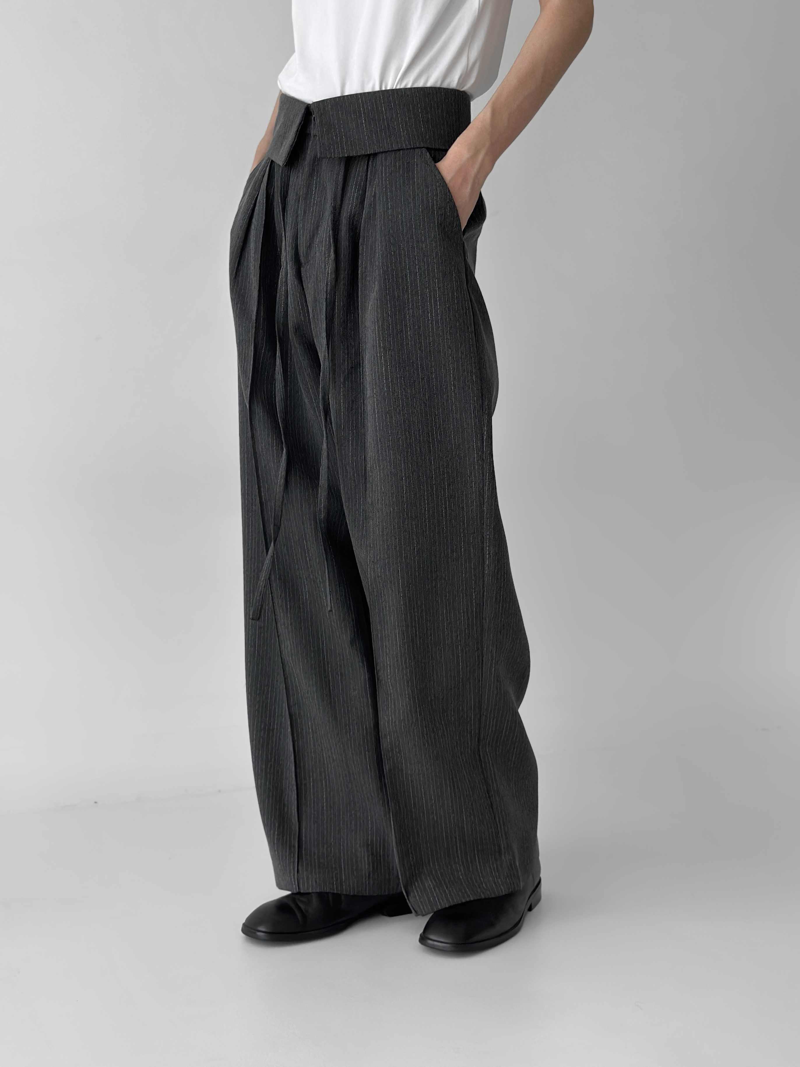 Striped Flip Waist Folding Suit Pants Loose Straight Trousers view 4