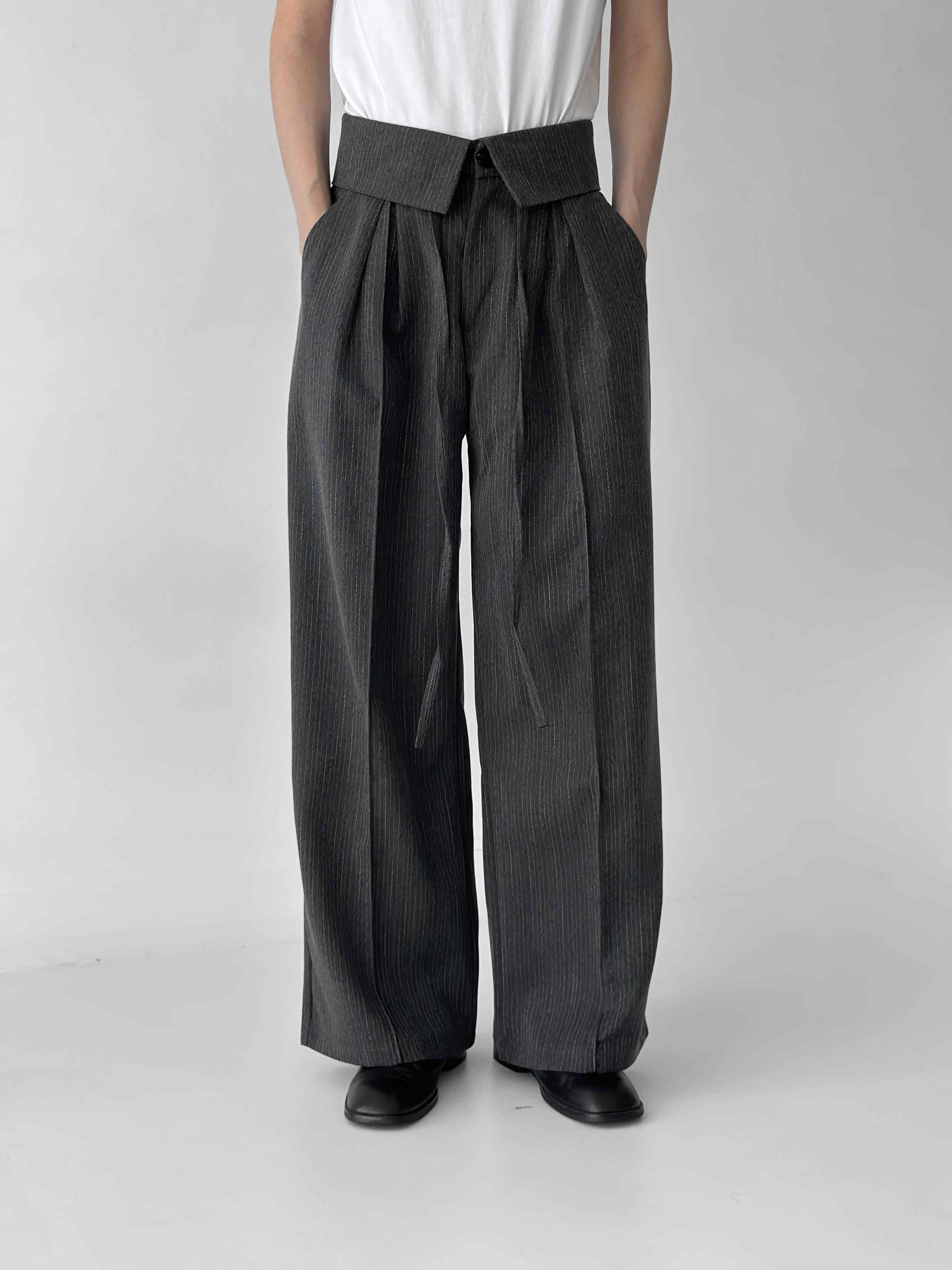 Striped Flip Waist Folding Suit Pants Loose Straight Trousers view 5