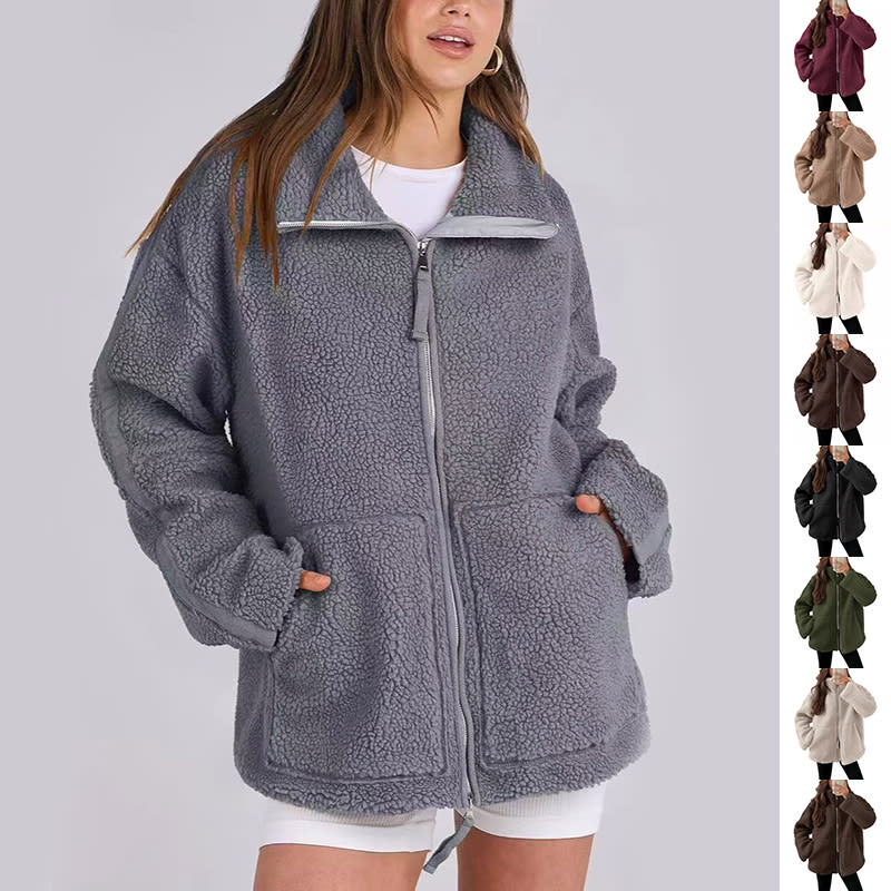 Winter Lapel Zip-up Coat With Pockets Casual Fashion Solid Fleece Jacket Fall Spring Long Sleeve Women's Clothing view 9