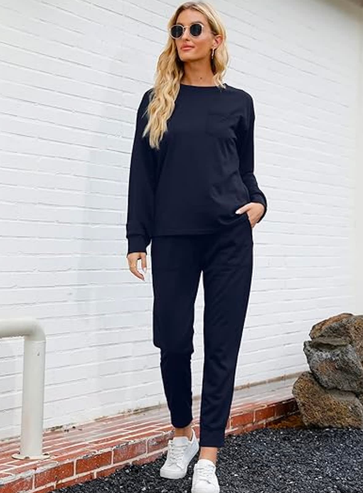 Women's Long Sleeve Suit Fashion Pullover Top And Pockets Drawstring Long Pants Solid Color Casual Sports Trouser Suit Clothing view 8