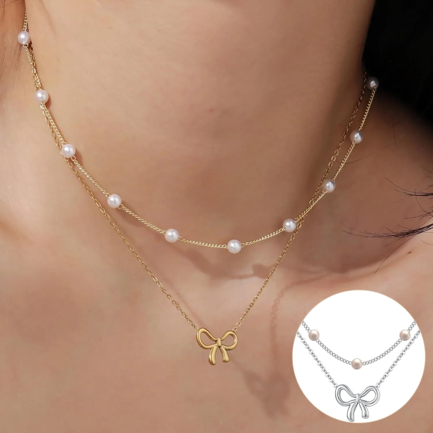 Simple Pearl Double Layer Choker Fashion Gold Color Necklaces Chain Small Bow Pendant Necklace Jewelry Gifts For Women Fashion Jewelry Valentine's Day Gifts view 6