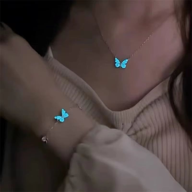Fashion Blue Luminous Butterfly Necklace Bracelet Set For Glow In The Dark Women Clavicle Chain Choker Party Jewelry Set Gift view 5