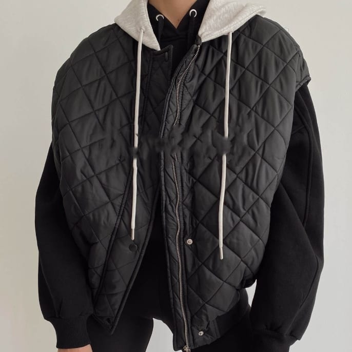 Diamond Lattice Hooded Cotton Sleeveless Jacket Top Vest view 4