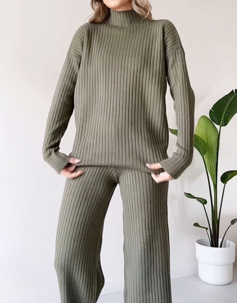 Turtleneck Knitted Suit Loose Split Design Long-sleeved Top And Straight Trousers Fashion Casual Solid Set Women's Clothing view 6