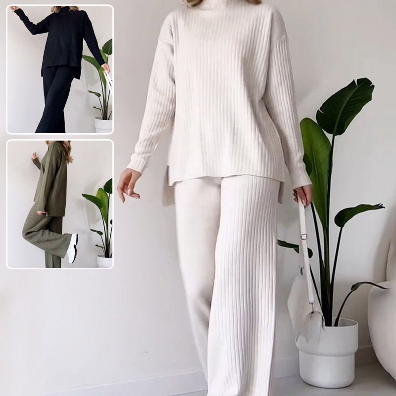 Turtleneck Knitted Suit Loose Split Design Long-sleeved Top And Straight Trousers Fashion Casual Solid Set Women's Clothing view 1