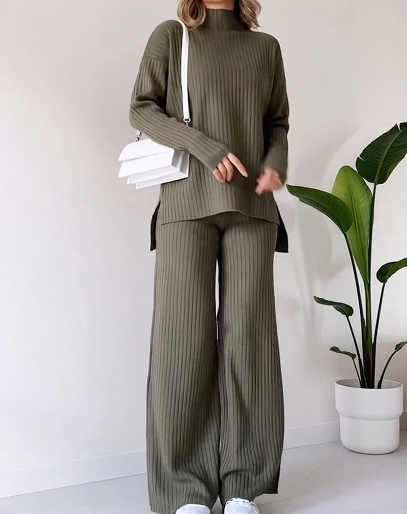 Turtleneck Knitted Suit Loose Split Design Long-sleeved Top And Straight Trousers Fashion Casual Solid Set Women's Clothing view 5