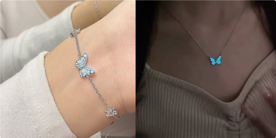 Fashion Blue Luminous Butterfly Necklace Bracelet Set For Glow In The Dark Women Clavicle Chain Choker Party Jewelry Set Gift view 2