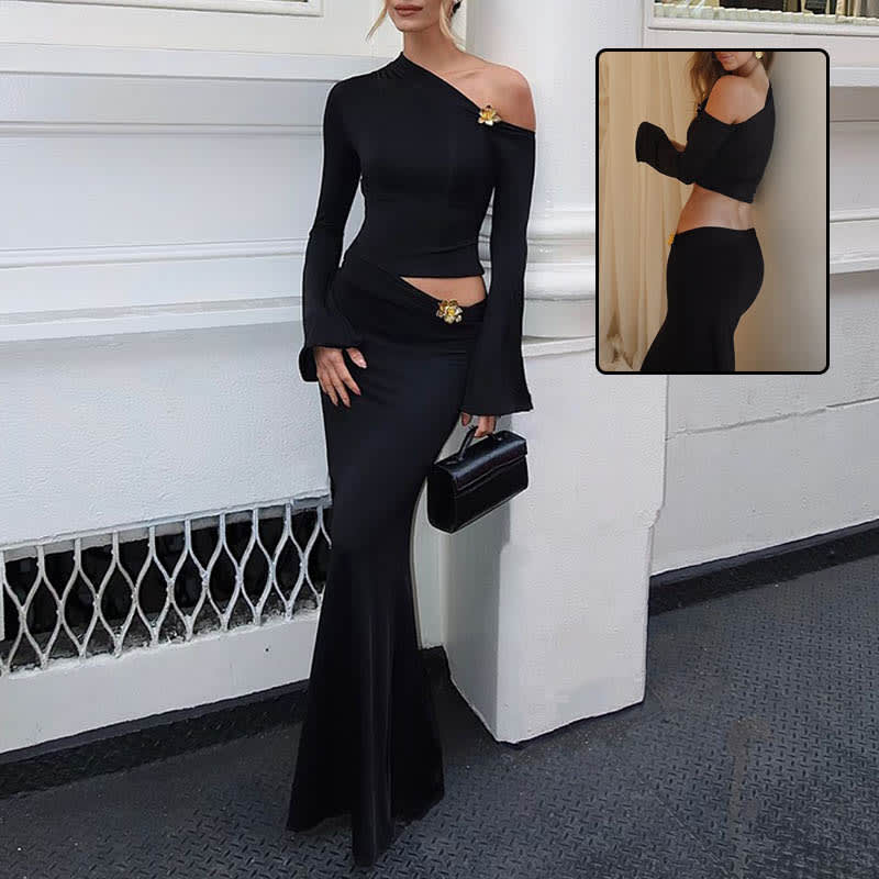 Sexy Slim Oblique Shoulder Skirt Suit With Flower Fashion Bell Sleeve Long Sleeve Top And High Waist Long Skirt Women Clothing view 6
