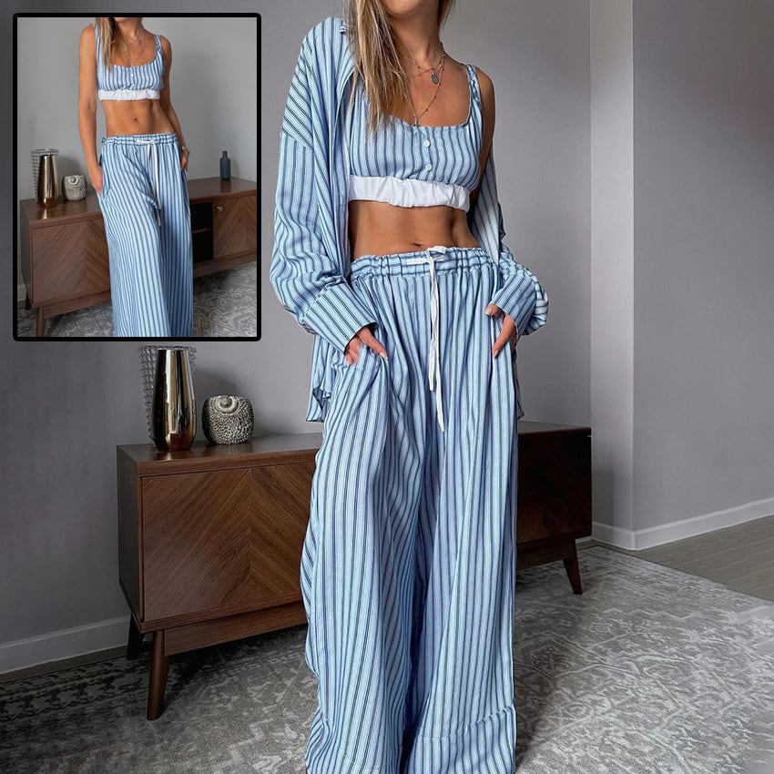 Women's 3 Piece Suit  Y2K Aesthetic Striped Tank Top Long Sleeve Shirt And Elastic Waist Stretch Trousers For Casual Wear view 4