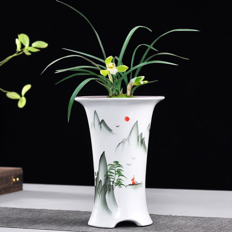 Ceramic Orchid Flower Pot Round High Chinese Style Traditional Orchid Basin view 2