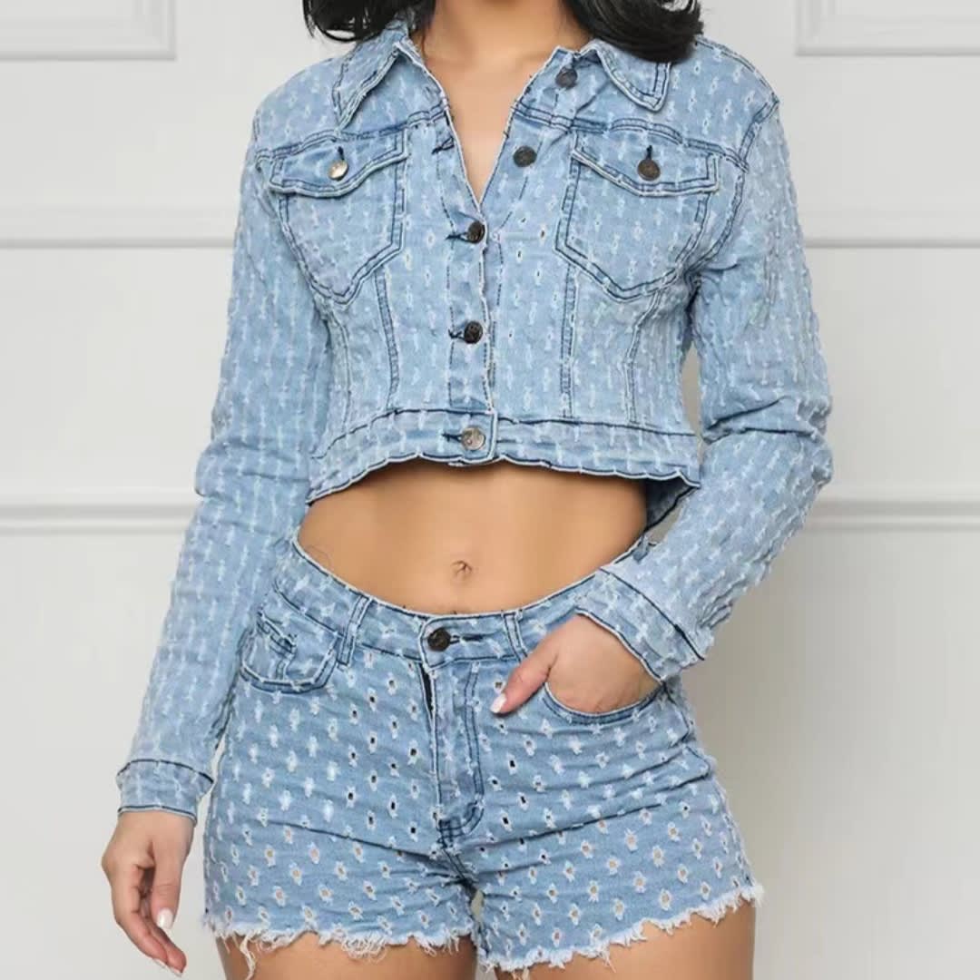 New Women's Clothing Leisure Ripped Denim Shorts Suit view 4
