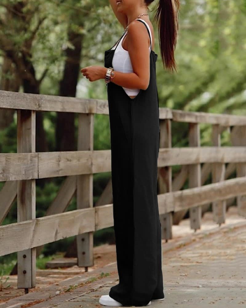 Women's Sleeveless Jumpsuit With Pockets And Adjustable Shoulder Strap Fashion Loose Wide Leg Straight Overalls Summer Beach Trousers view 3