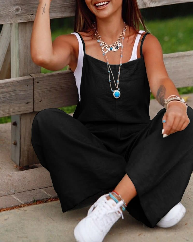 Women's Sleeveless Jumpsuit With Pockets And Adjustable Shoulder Strap Fashion Loose Wide Leg Straight Overalls Summer Beach Trousers view 6