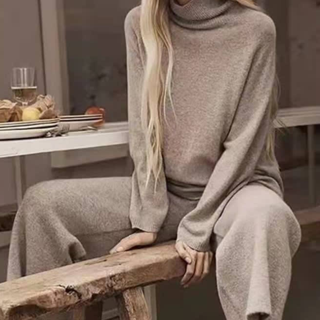 Long Sleeve Wide Leg Pants Fashion Loose High Collar Knit Casual Two-piece Set view 3