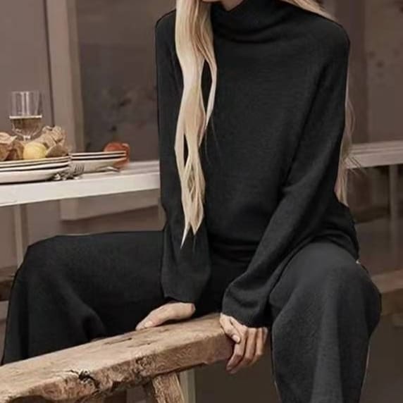 Long Sleeve Wide Leg Pants Fashion Loose High Collar Knit Casual Two-piece Set view 5