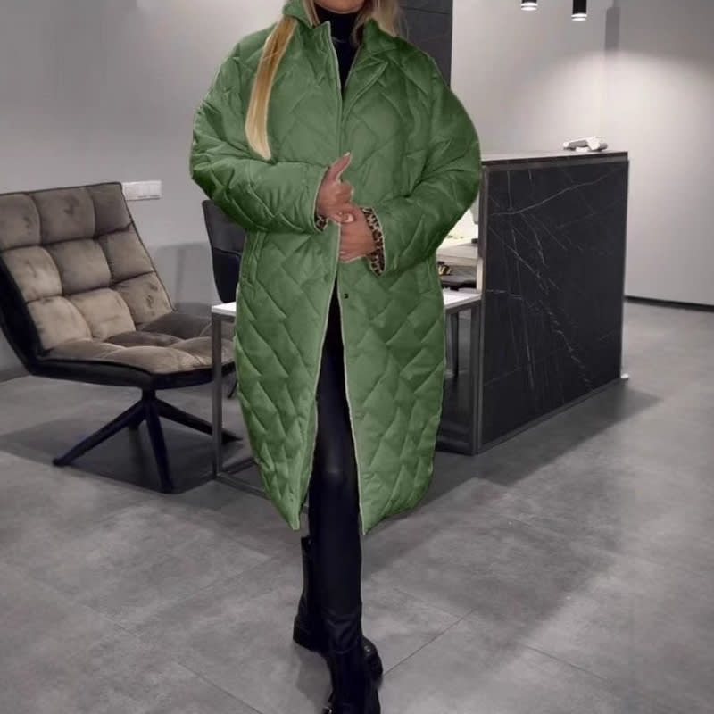 Winter Rhombus Stitching Coat Warm Solid Color Pocket Lapel Long Jacket Women's Clothing view 3