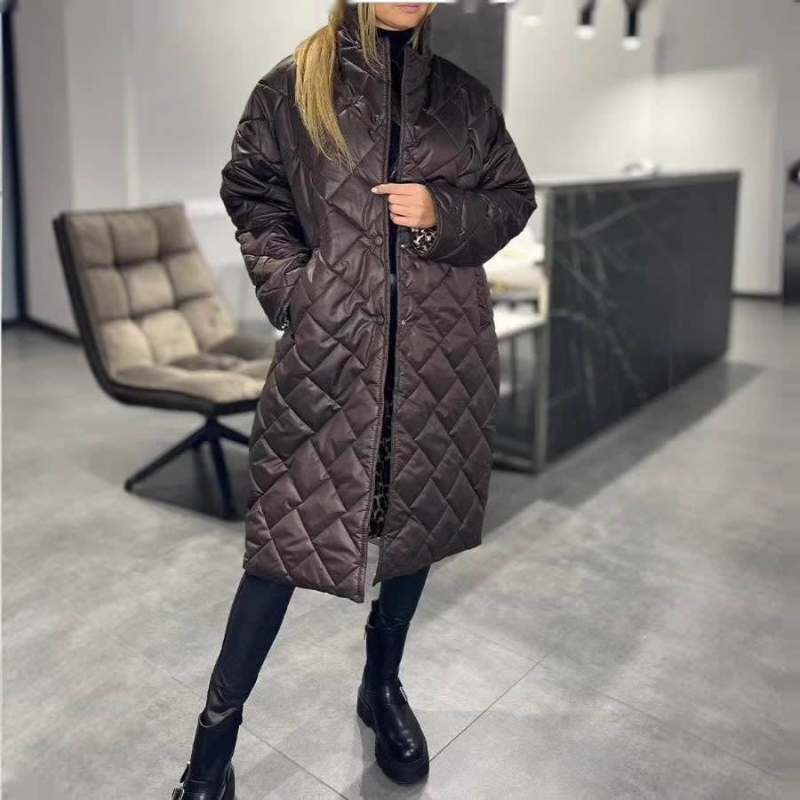 Winter Rhombus Stitching Coat Warm Solid Color Pocket Lapel Long Jacket Women's Clothing view 5