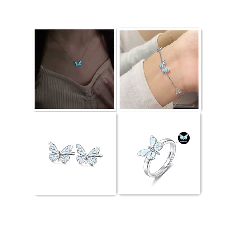 Fashion Blue Luminous Butterfly Necklace Bracelet Set For Glow In The Dark Women Clavicle Chain Choker Party Jewelry Set Gift view 4