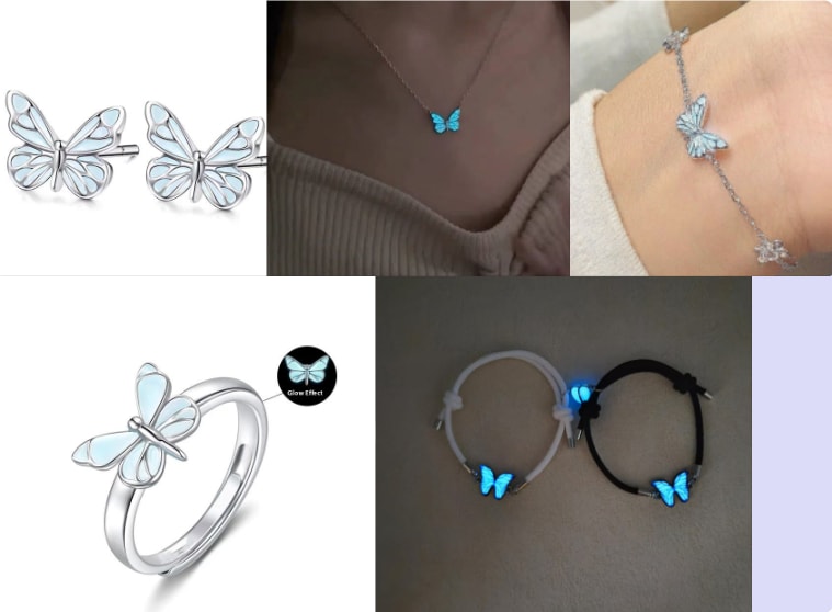 Fashion Blue Luminous Butterfly Necklace Bracelet Set For Glow In The Dark Women Clavicle Chain Choker Party Jewelry Set Gift view 8