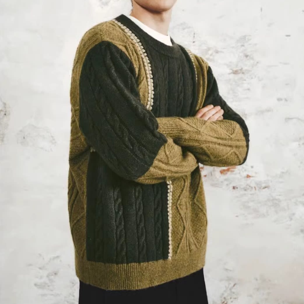 Men's Retro Casual Contrast Color Patchwork Round Neck Knitwear view 3