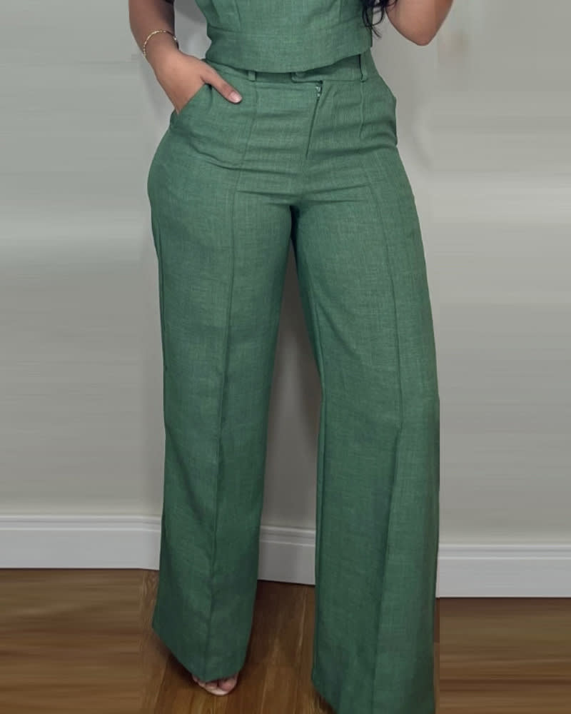 Summer Sleeveless Suit Fashion Round Neck Vest Top And Pocket Straight Pants Casual Trousers Set For Women Clothing view 5