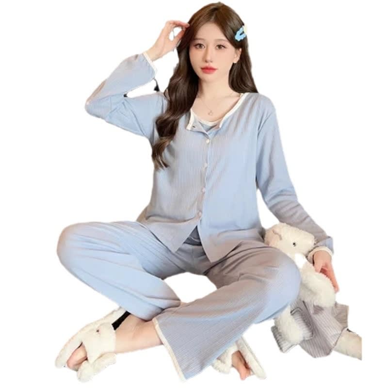 Padded Pajamas Women's Long Sleeve Solid Color Three-piece Suit view 3
