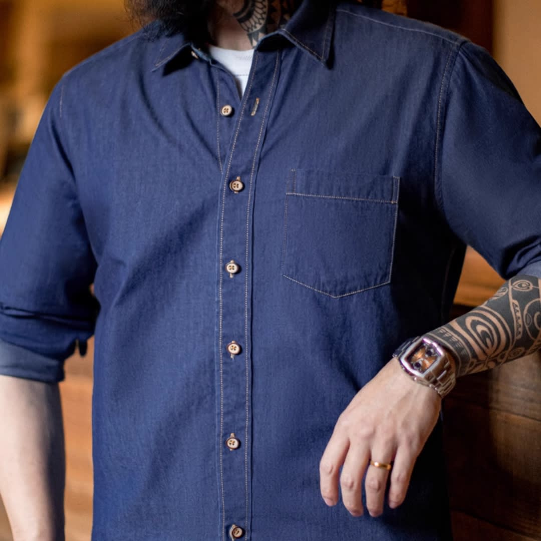 Men's American Retro Single Pocket Workwear Denim Shirt view 3
